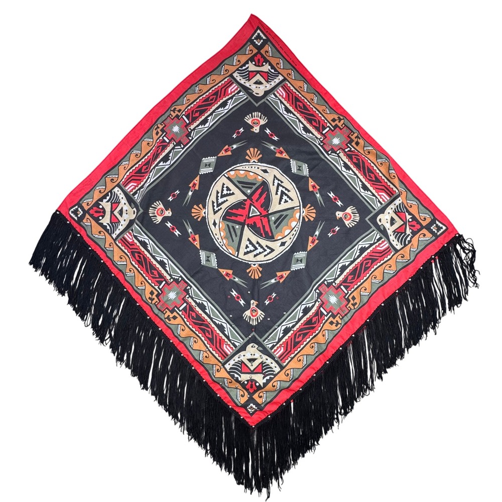 Vintage Wamcraft Southwestern Thunderbird Studded Fringe Bandana Scarf Red Black